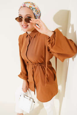 İp Kuşaklı Omuz Pelerinli Gömlek Taba - ASMİN