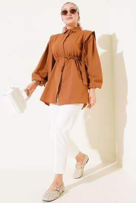 İp Kuşaklı Omuz Pelerinli Gömlek Taba - Gömlek