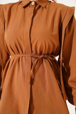 İp Kuşaklı Omuz Pelerinli Gömlek Taba - Gömlek