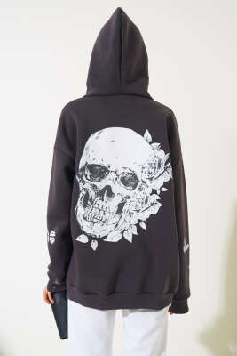 İskelet Kafa Baskılı Üç İplik Sweatshirt Antrasit - Kadın Giyim Modelleri