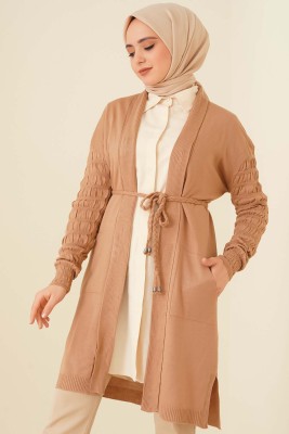 Kabartma Kollu Örgü Hırka Camel 