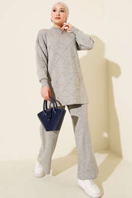 Kabartma Şeritli Taşlı Triko İkili Takım Gri - KILIÇ TRİKO