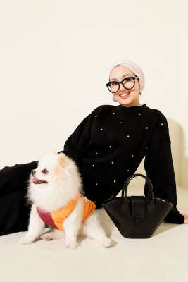 Kabartma Şeritli Taşlı Triko İkili Takım Siyah - KILIÇ TRİKO