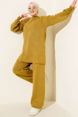 Kabartma Şeritli Taşlı Triko İkili Takım Yağ Yeşili - KILIÇ TRİKO