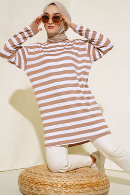 Kalın Çizgili Basic Tunik Camel 