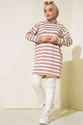 Kalın Çizgili Basic Tunik Camel - Tunik