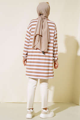 Kalın Çizgili Basic Tunik Camel - Tunik