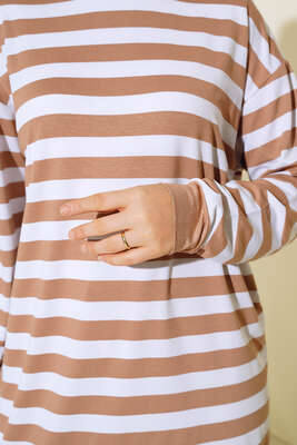 Kalın Çizgili Basic Tunik Camel - Tunik