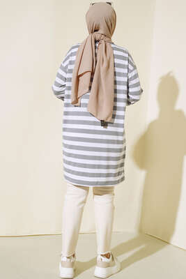 Kalın Çizgili Basic Tunik Gri - Tunik