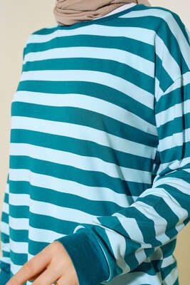 Kalın Çizgili Basic Tunik Petrol - Tunik