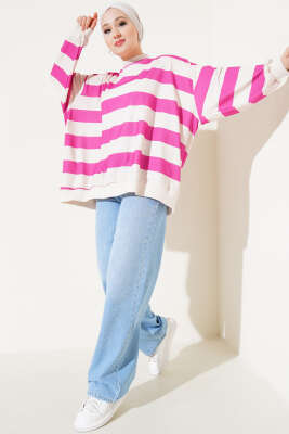 Kalın Çizgili Oversize Tunik Fuşya - Tunik