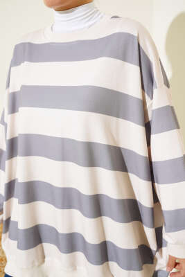 Kalın Çizgili Oversize Tunik Gri - Tunik