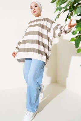 Kalın Çizgili Oversize Tunik Haki - Tunik