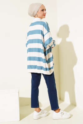 Kalın Çizgili Oversize Tunik İndigo - Tunik