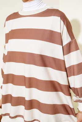 Kalın Çizgili Oversize Tunik Kahve - Tunik