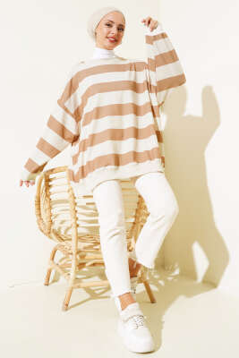 Kalın Çizgili Oversize Tunik Latte - Tunik