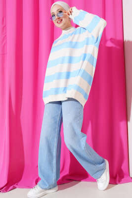 Kalın Çizgili Oversize Tunik Mavi - Tunik