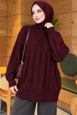 Kalın Fitilli Triko Tunik Bordo - Triko Tunik
