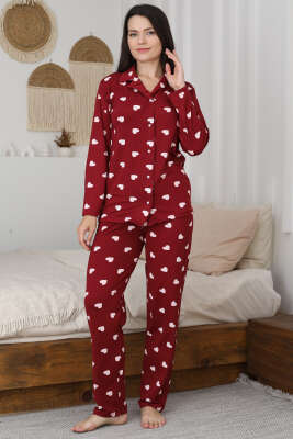 Kalp Desen Düğmeli Pijama Takımı Bordo - Pijama