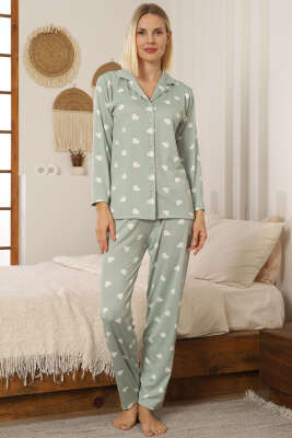 Kalp Desen Düğmeli Pijama Takımı Çağla Yeşili 