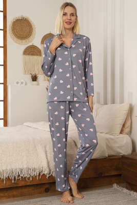 Kalp Desen Düğmeli Pijama Takımı Gri 