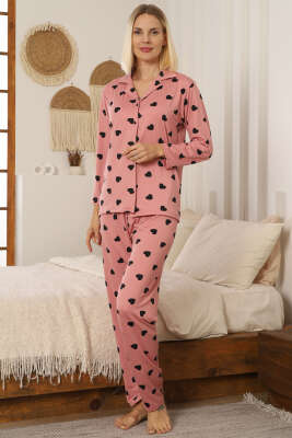 Kalp Desen Düğmeli Pijama Takımı Pudra 