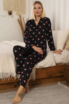 Kalp Desen Düğmeli Pijama Takımı Siyah 