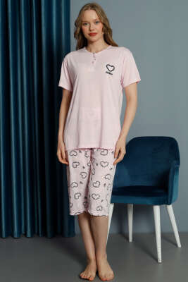 Kalp Nakışlı Kapri Pijama Takım Pembe - Pijama & Gecelik