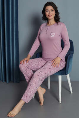 Kalp Süslemeli Uzun Kol Pijama Takımı Lila - Pijama