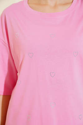 Kalp Taşlı T-shirt Pembe - Yeni Giyim