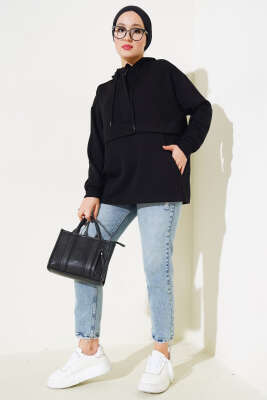 Kanguru Cepli Kapüşonlu Sweatshirt Siyah - Tunik