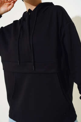Kanguru Cepli Kapüşonlu Sweatshirt Siyah - Tunik