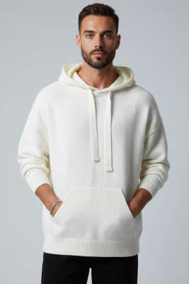 Kanguru Cepli Triko Erkek Sweatshirt Ekru - 2512