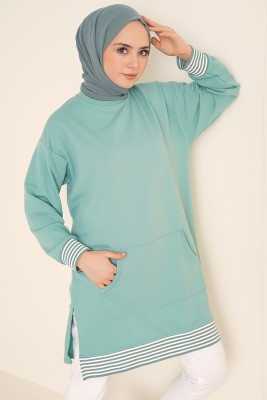 Kanguru Cepli Yırtmaçlı Çağla Yeşili Tunik