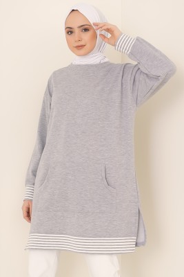 Kanguru Cepli Yırtmaçlı Gri Tunik