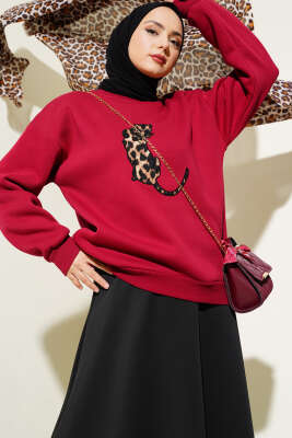 Kaplan Dikişli Üç İplik Sweatshirt Bordo 