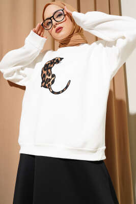 Kaplan Dikişli Üç İplik Sweatshirt Ekru - Tunik