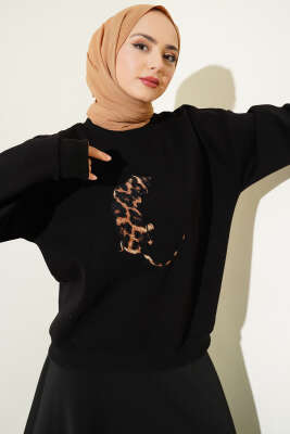 Kaplan Dikişli Üç İplik Sweatshirt Siyah 
