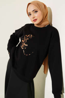 Kaplan Dikişli Üç İplik Sweatshirt Siyah - Tunik