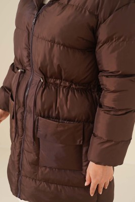 Kapşonlu Beli Büzgülü Şişme Mont Kahve - Mont