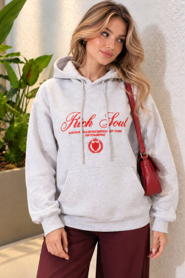 Kapüşonlu Baskı Detaylı Sweatshirt Melanj Gri - Kadın Giyim Modelleri