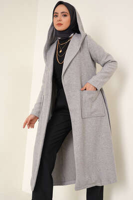 Kapüşonlu Cepli Kaşe Kaban Gri