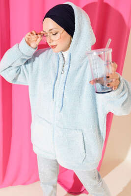 Kapüşonlu Fermuarlı Peluş Mont Mavi - MURAT GİYİM