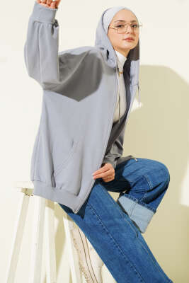 Kapüşonlu Fermuarlı Salaş Hırka Kayrak Grisi