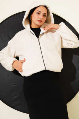 Kapüşonlu Kısa Kaşe Ceket Bej 