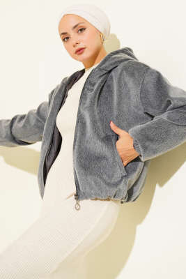 Kapüşonlu Kısa Kaşe Ceket Füme - Ceket