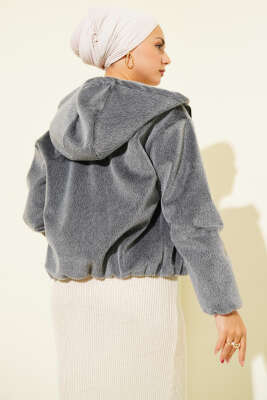 Kapüşonlu Kısa Kaşe Ceket Füme - Ceket