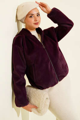 Kapüşonlu Kısa Kaşe Ceket Mürdüm 