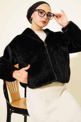 Kapüşonlu Kısa Kaşe Ceket Siyah 