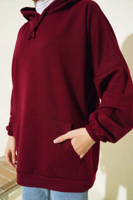 Kapüşonlu Oversize Sweat Bordo - Tunik